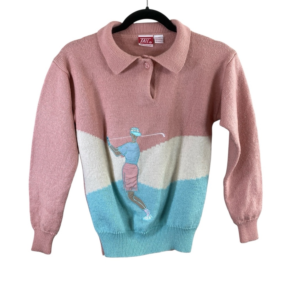 Tail Women's Pink Cream Blue Embroidered Wool Acrylic Blend Golf‎ Sweater Sz S